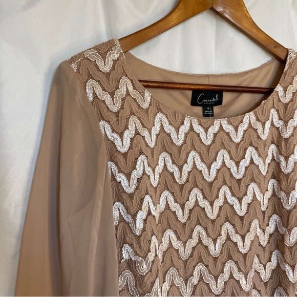 CONNECTED APPAREL Women’s Tan Cream Lace Sheath Dress Flowy Long Sleeve Size 8 - Picture 8 of 14